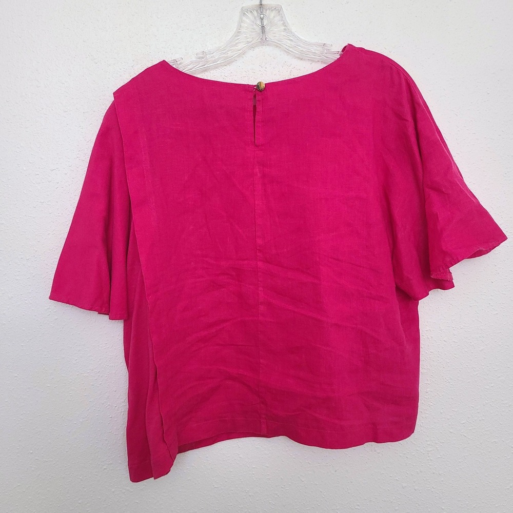 Kensie 100% Linen Hot Pink MEDIUM Button Detail Short Sleeve Top Blouse Bright M - Picture 2 of 9